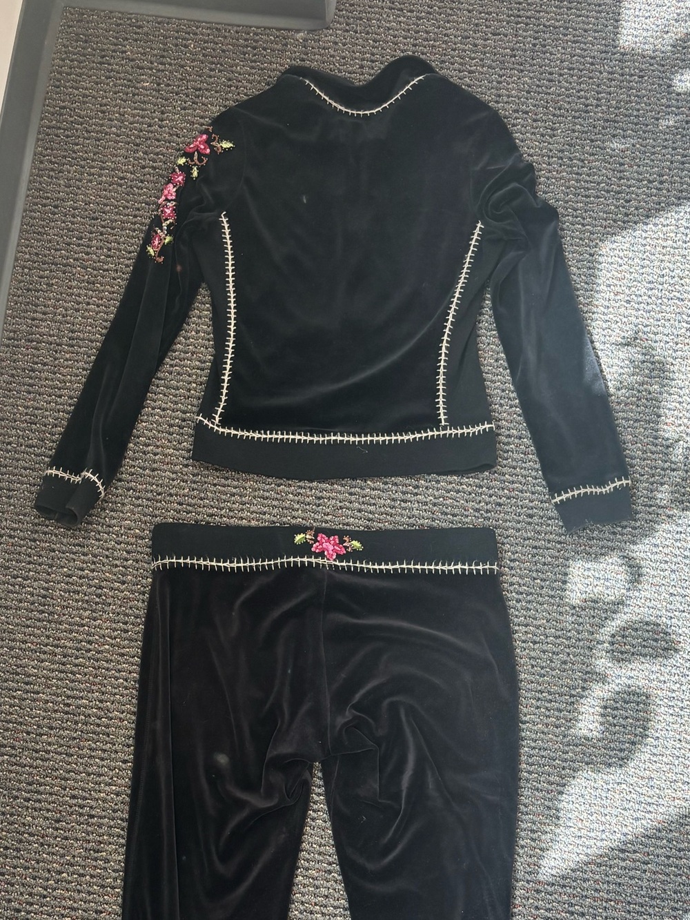 TWISTED HEART Black Velour Drawstring Track Pants with Pink Floral Accent - Picture 6 of 8